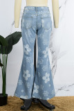 Blue Casual Floral Print High Waist Regular Flare Ripped Denim Jeans