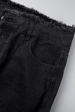 Azul profundo casual sólido rasgado retalhos cintura média jeans regular (sujeito ao objeto real)