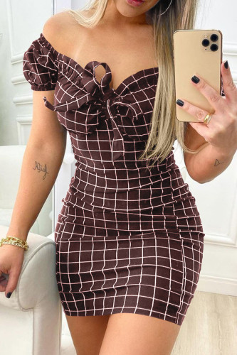 Burgundy Casual Plaid Print Patchwork Frenulum V Neck Short Sleeve Dress