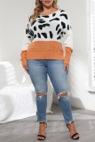 Purplish Red Casual Leopard Patchwork O Neck Plus Size Tops