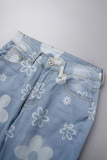 Blue Casual Floral Print High Waist Regular Flare Ripped Denim Jeans