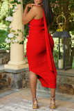 Rose Red Sexy Solid Backless Slit Fold Halter Onregelmatige jurk Jurken