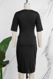 ブラックエレガントな固体パッチワーク小帯金属アクセサリー装飾スリット V ネックラップスカートドレス