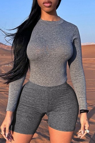 Grey Casual Sportswear Solid Basic O Neck Long Sleeve Two Pieces