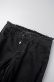 Jeans in denim regolari a vita media con patchwork strappati tinta unita casual neri (soggetti all'oggetto reale)