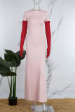 Rosafarbene, lässige, einfarbige, langärmlige Kleider mit Patchwork-Kontrast und O-Ausschnitt
