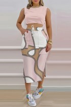 Pink Casual Print Slit O Neck Sleeveless Two Pieces