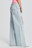 Light Blue Casual Solid Ripped Patchwork Mid Waist Regular Denim Jeans (Subject To The Actual Object)