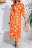 Oranje casual print frenulum split-kraag-jurken met lange mouwen