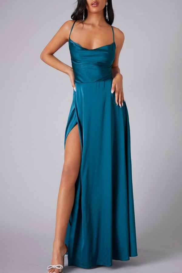Azul marinho sexy casual sólido sem costas alças cruzadas fenda cinta espaguete vestidos longos