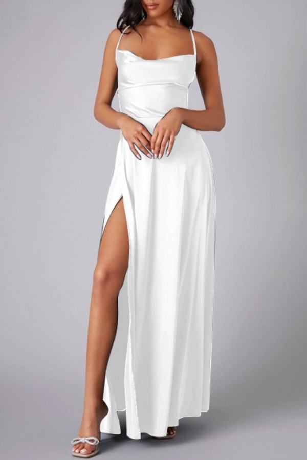 Witte sexy casual effen rugloze kruisbandjes split spaghetti band lange jurk jurken