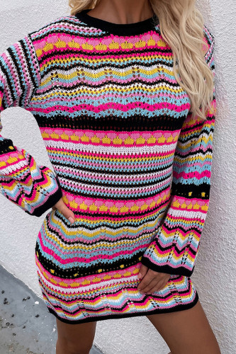 Black Casual Striped Patchwork O Neck Long Sleeve Dresses