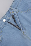Pantaloncini di jeans dritti a vita alta con tasca patchwork a tinta unita da strada casual blu chiaro