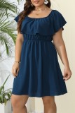 Blauwe casual effen patchwork jurk met ronde hals en korte mouwen, plus maten jurken
