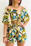 Green Casual Print Frenulum Off the Shoulder Short Sleeve Two Pieces
