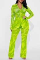 Fluorescerend groen, casual print, patchwork, kraag, lange mouwen, twee stukken