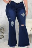 Mörkblå Casual Daily Solid Ripped Patchwork Plus Size Jeans