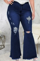 Azul Escuro Casual Diário Sólido Retalhos Rasgados Plus Size Jeans