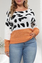 Orange Casual Leopard Patchwork O Neck Plus Size Toppar