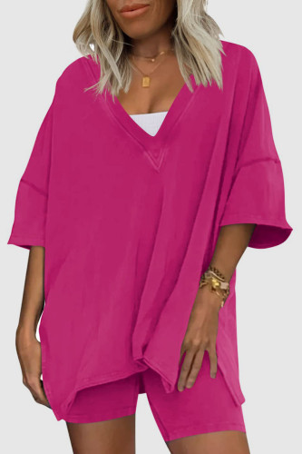 Rose Red Casual Solid Basic V Neck Short Sleeve Two Pieces