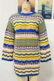 Green Casual Striped Patchwork O Neck Long Sleeve Dresses
