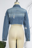Blue Casual Solid Patchwork Cardigan Turndown Collar Long Sleeve Raw Hem Cropped Denim Jacket