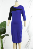 Bleu royal élégant bloc de couleur unie Patchwork contraste fermeture éclair O cou enveloppé jupe robes