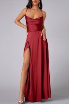 Rotes, sexy, lässiges, solides, rückenfreies, gekreuztes Trägerkleid, langes Kleid mit Schlitz und Spaghettiträgern