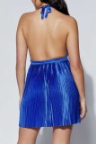 Blue Sexy Casual Solid Backless Halter Pleated Dresses