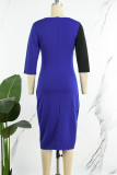 Azul real Elegante Color sólido Bloque Patchwork Contraste Cremallera O Cuello Falda envuelta Vestidos