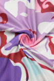 Gola oblíqua roxa com estampa casual patchwork plus size duas peças