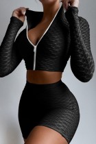 Black Casual Sportswear Solid Patchwork Zipper Collar Long Sleeve Two Pieces