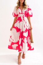 Rosa Casual Print Patchwork V-ringad kortärmad klänning