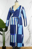 Blå Casual Print Patchwork V-hals långärmade klänningar i plusstorlek