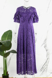 Púrpura Tallas grandes Casual Elegante Malla de encaje sólido O Cuello Línea A Vestidos de tallas grandes (sin cinturón)