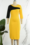 Gele elegante effen kleurblok patchwork jurken met contrasterende rits en omwikkelde hals