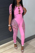 Roze sexy effen uitgeholde doorzichtige skinny jumpsuit met ronde hals