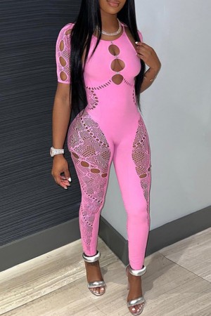 Pink Sexy Solid Hollowed Out See-through Hot Drill O Neck Skinny Jumpsuits