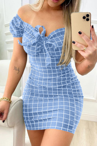 Blue Casual Plaid Print Patchwork Frenulum V Neck Short Sleeve Dress