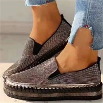 Zwarte casual patchwork strass ronde comfortabele platte schoenen voor buiten