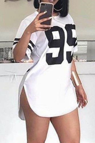White Casual Print Basic O Neck Short Sleeve Dress Plus Size Dresses