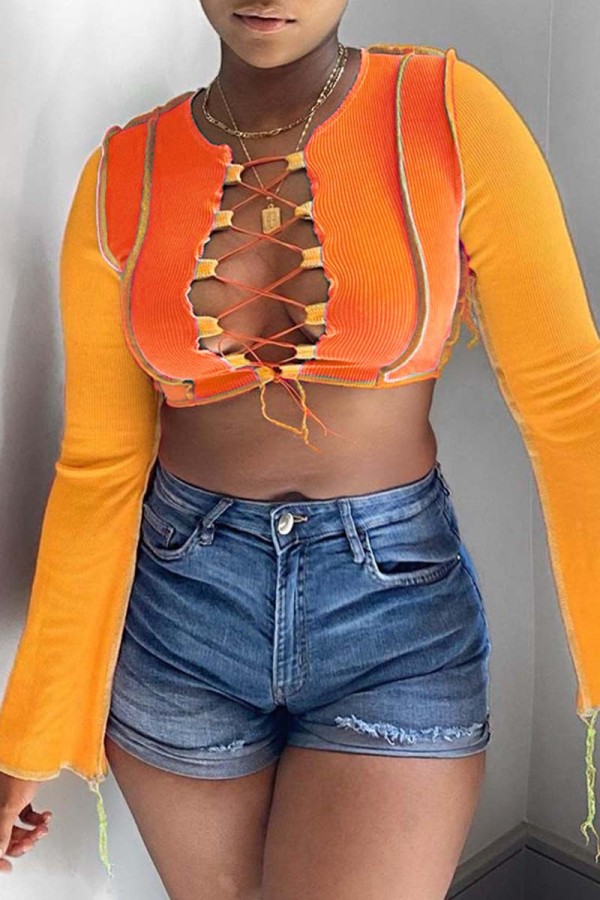 Orange Sexy Casual Patchwork Frenulum Contraste O Cou Tops