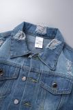 Blue Casual Solid Patchwork Cardigan Turndown Collar Long Sleeve Raw Hem Cropped Denim Jacket
