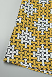 Желтый повседневный рабочий Элегантный смешанный принт в горошек с леопардовым принтом в стиле пэчворк с открытыми плечами и талией Юбка Платья