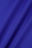 Azul Royal Elegante Sólido Patchwork com Fivela Decote em V Vestidos Linha A (com cinto)