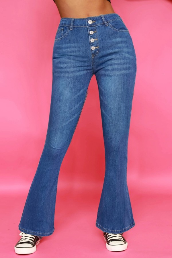 Diepblauwe, casual, effen, normale denim jeans met hoge taille en gesp