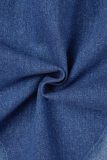 ブルーカジュアルカラーの塊固体中空ボタンメタルアクセサリー装飾ターンダウン襟長袖レギュラーデニムジャケット