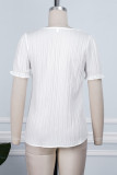 White Casual Solid Patchwork Oblique Collar Tops