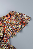 Mandarinröd Casual Work Elegant blandat tryck Dot Leopard Patchwork Printing Off the Shoulder Midja Kjolklänningar