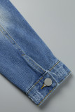 Jaqueta jeans azul casual sólida com fivela rasgada gola redonda manga comprida